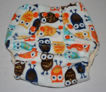 Nykibaby One Size Minkee Pocket Diaper:  BLUE/ORANGE OWLS