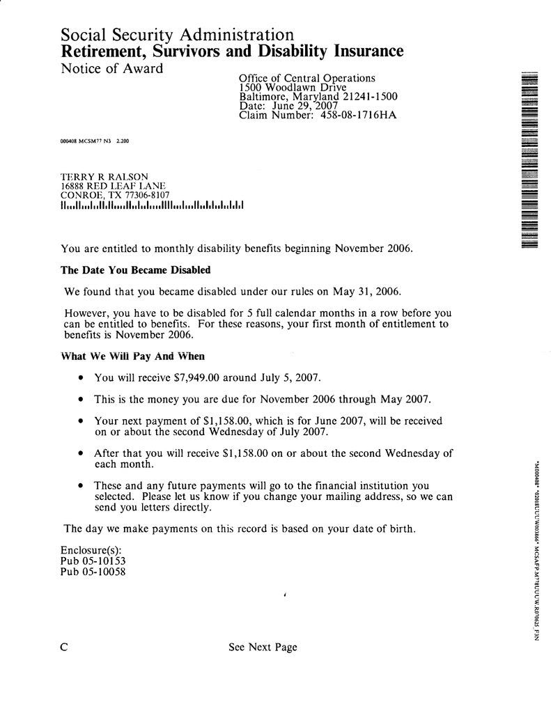 ssdi award letter