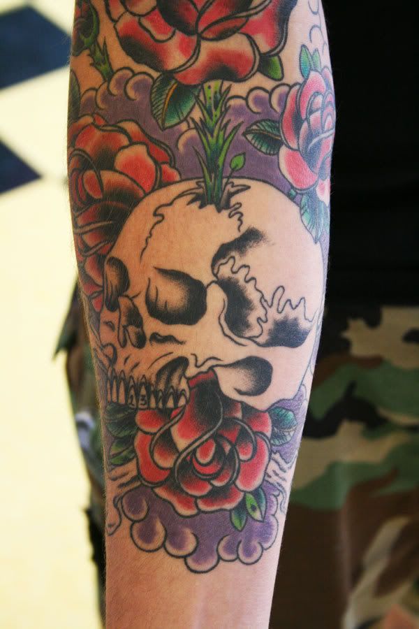 Traditional Skull And Rose Tattoo